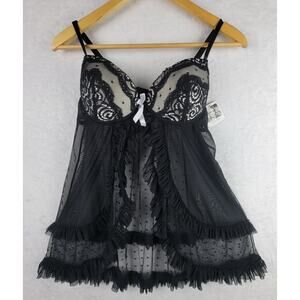Babydoll Lingerie M Black Ruffle Lace Sheer Teddy Nightie Romantic Whimsigoth